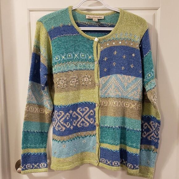David Brooks Womens Multicolour Patchwork Snowflake Button Sweater - NEW -Size L - Picture 1 of 9